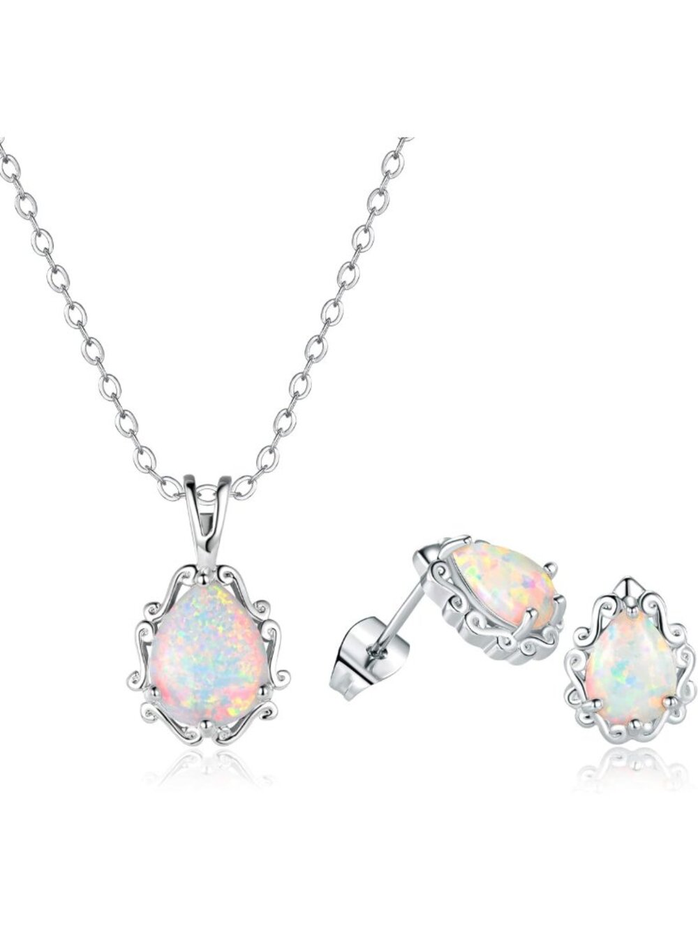 Elegant Opal Halo Jewelry Set for Women - Silver Necklace & Stud Earrings, 18k